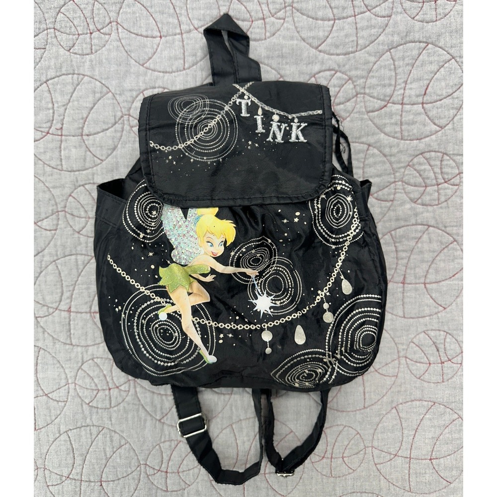 Disney Mini Backpack Black Tinker Bell Fairy Drawstring Nylon Bag